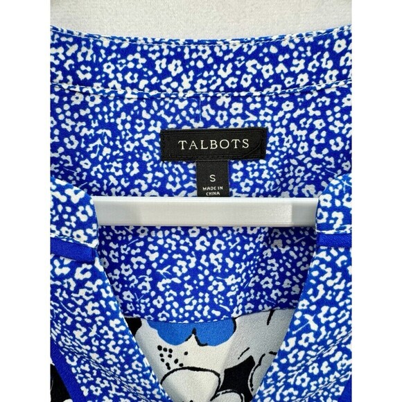 Talbots Floral 3/4 Sleeve Top Womens Small Blue White Notch Neck Popover Preppy - Picture 4 of 9